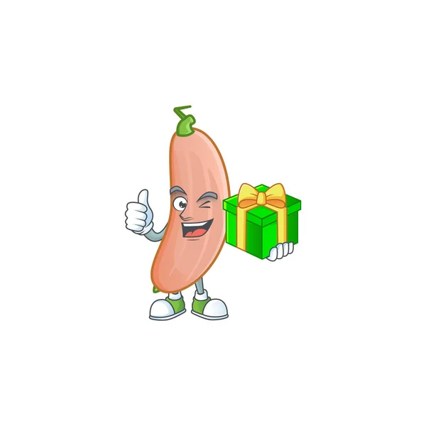 Мультяшний персонаж щасливого бананового кабачка з подарунковою коробкою — стоковий вектор