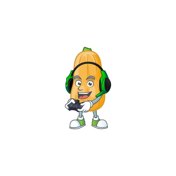 Mascot icon of butternut squash with headphone and controller — Stock Vector