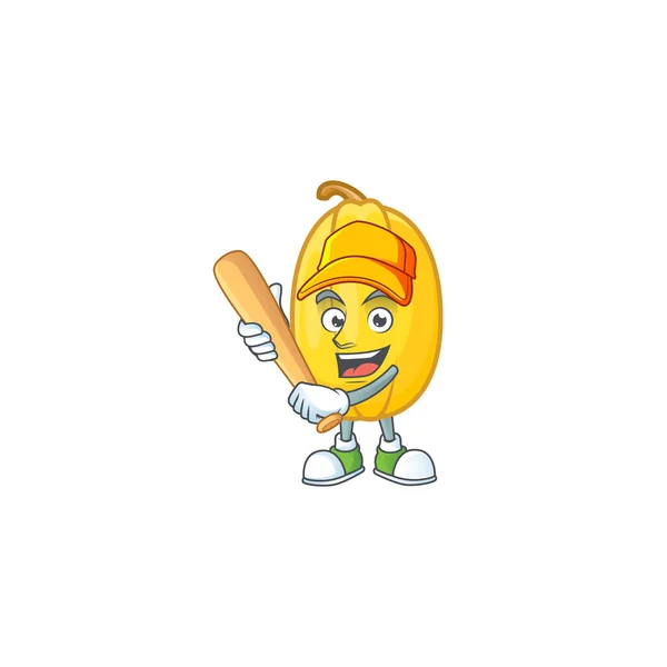 Engraçado sorrindo espaguete squash mascote de desenho animado com beisebol — Vetor de Stock