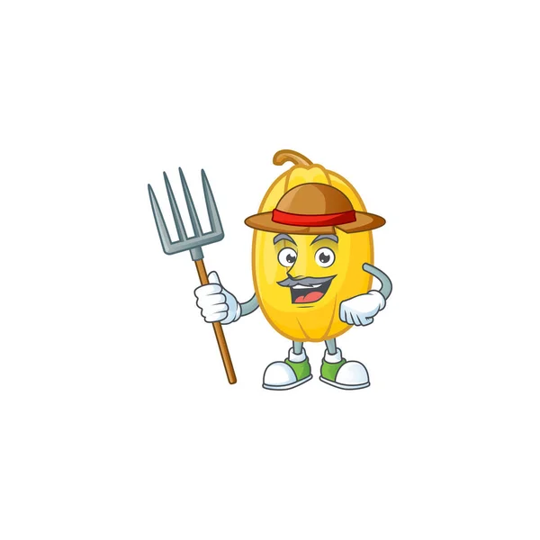 Happy Farmer spaghetti zucca cartoon mascotte con cappello e strumenti — Vettoriale Stock