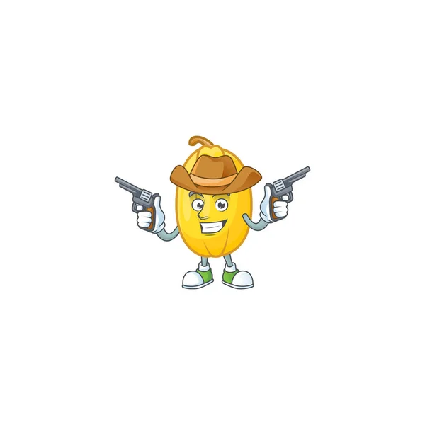 Smiling spaghetti squash icona della mascotte come un cowboy in possesso di pistole — Vettoriale Stock