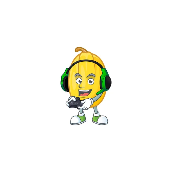 Mascotte icône de squash spaghetti avec casque et contrôleur — Image vectorielle