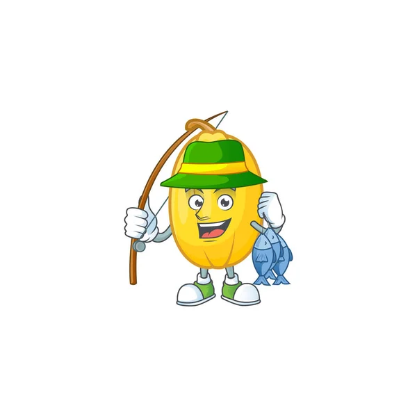 Viso allegro Pesca spaghetti squash design della mascotte — Vettoriale Stock