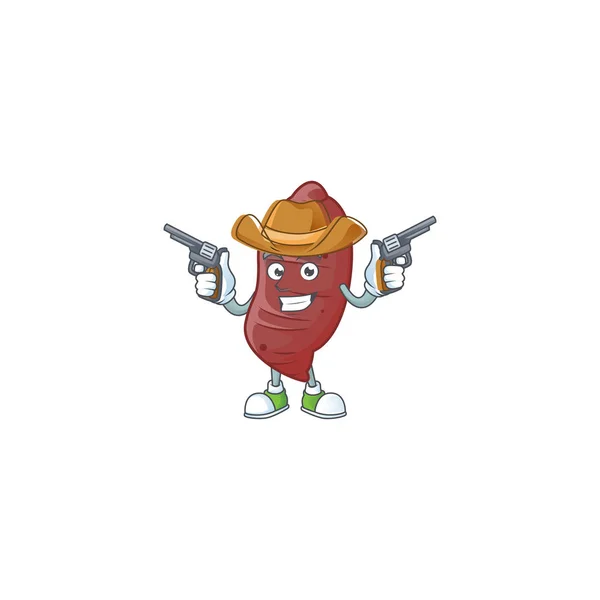 Sonriente icono de la mascota de batatas como un vaquero sosteniendo armas — Vector de stock