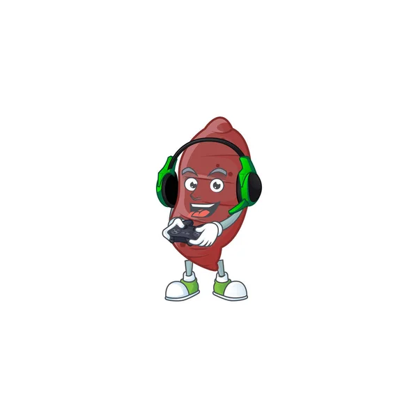 Ícone mascote de batatas doces com fone de ouvido e controlador — Vetor de Stock