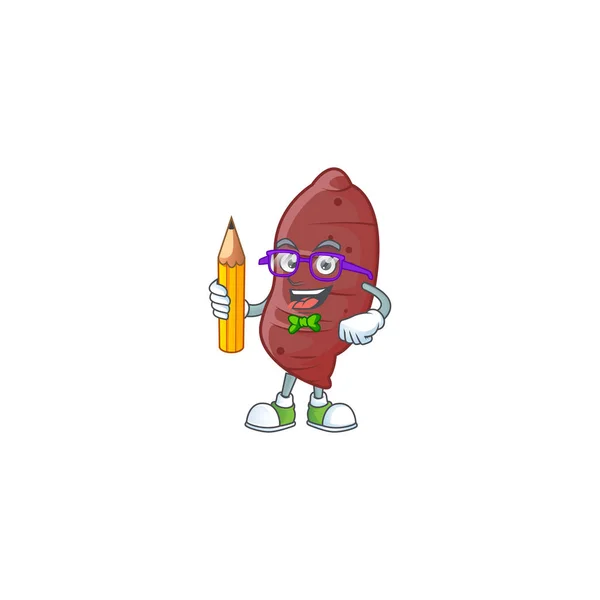 Cool smart Student sweet potatoes mascot with a pencil — ストックベクタ