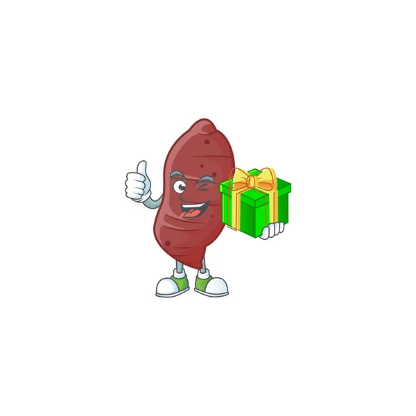 Karakter kartun bahagia ubi jalar dengan kotak hadiah - Stok Vektor