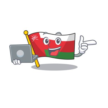 Mutlu gülümseyen Umman çizgi film karakteri dizüstü bilgisayarla çalışıyor.