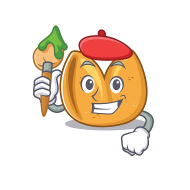 Neşeli çizgi film çizeri elinde fırçayla fal kurabiyesi sanatçısı