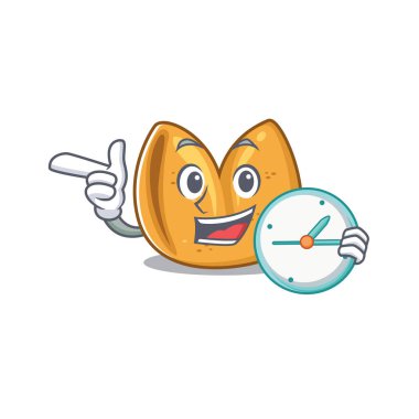 Gülen şans kurabiyesi çizgi film stili vektör çizimi Saat ile