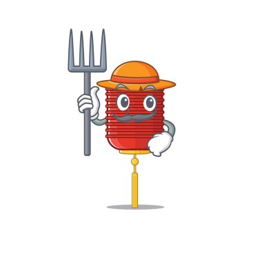 Çiftçi Çin feneri çizgi film karakteri şapka ve aletlerle