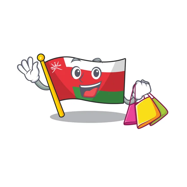 Cheerful flag oman cartoon character waving and holding Shopping bag — Stock Vector