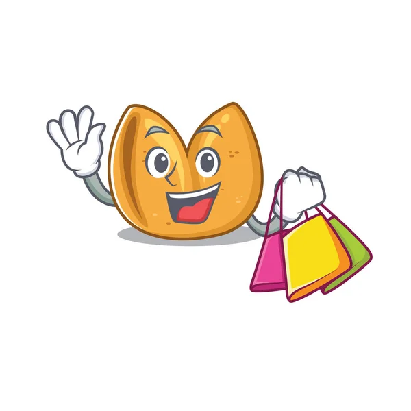 Χαρούμενη τύχη μπισκότο χαρακτήρα κινουμένων σχεδίων κουνώντας και κρατώντας τσάντα αγορών — Διανυσματικό Αρχείο