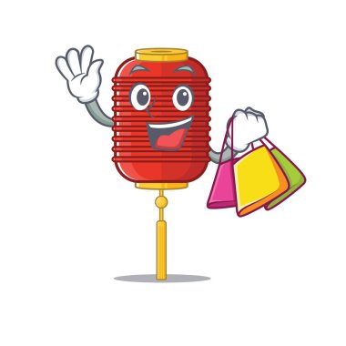 Neşeli Çin feneri çizgi film karakteri el sallıyor ve alışveriş çantası tutuyor.