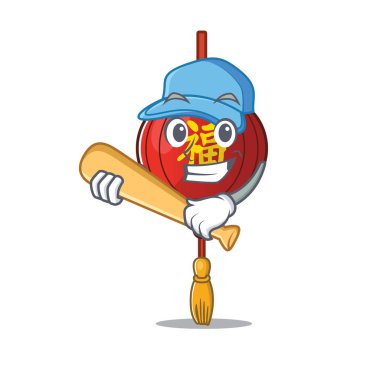 Gülen Asyalı komik fener çizgi film maskotu beyzbol oynuyor.