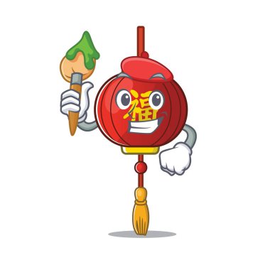 Neşeli Asyalı fener fırçalı sanatçı çizgi film karakteri