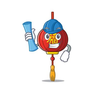 Neşeli Mimar Asyalı Fener karikatür stili mavi izler taşıyor