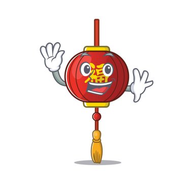 Asyalı sevimli gülümseyen fener çizgi film karakteri gibi el sallıyor.