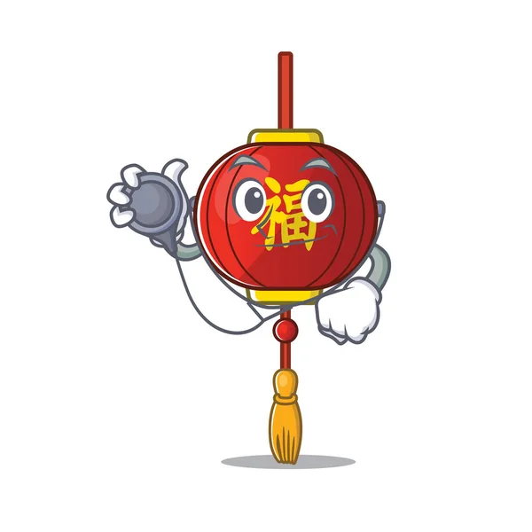 Estilo de la mascota de dibujos animados linterna asiática en un traje de Doctor con herramientas — Vector de stock