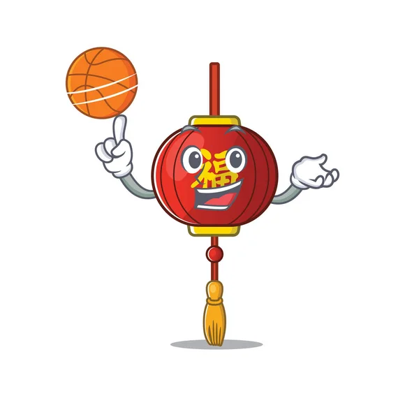 Maskottchen der asiatischen Laterne Cartoon-Charakter-Stil mit Basketball — Stockvektor