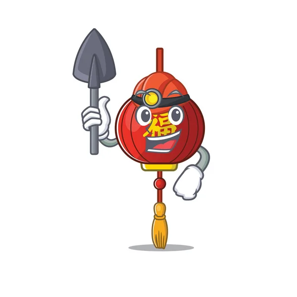 Cool Miner asiático lanterna de desenho animado estilo mascote —  Vetores de Stock