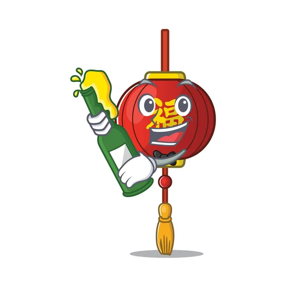 Fajna latarnia azjatycka z maskotką piwa w stylu kreskówki — Wektor stockowy