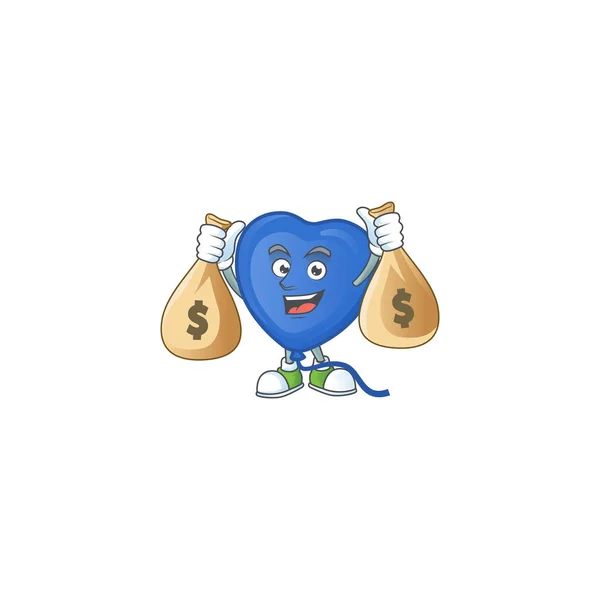 Šťastná modrá láska balón kreslený postava se dvěma taškami na peníze — Stockový vektor