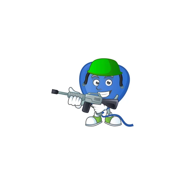 Een mascotte van blauwe liefde ballon als een leger met machinegeweer — Stockvector