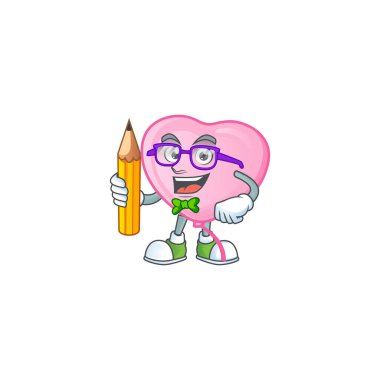 Havalı zeki öğrenci pembe aşk balonu maskotu kalemle