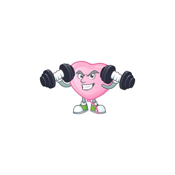 Fitness exercise pink love balloon mascot icon with barbells — Stock Vector