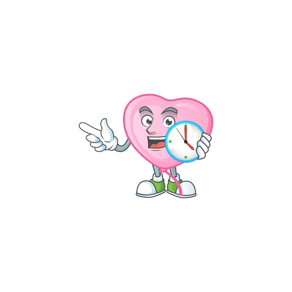 Feliz rosa amor balão desenho animado estilo mascote com relógio —  Vetores de Stock
