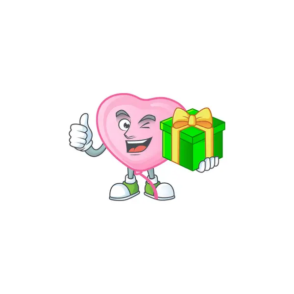 Postać kreskówki szczęśliwy różowy balon miłości z pudełka prezentów — Wektor stockowy