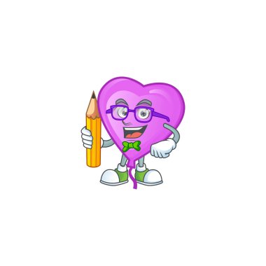 Havalı zeki öğrenci mor aşk balonu maskotu kalemle