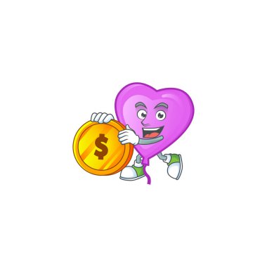 Mutlu yüz mor aşk balonu altın sikkeli çizgi film karakteri