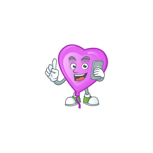 紫色爱情气球在电话中的吉祥物设计 — 图库矢量图片