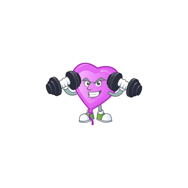 Fitness exercise purple love balloon mascot icon with barbells — ストックベクタ