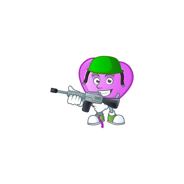 A mascot of purple love balloon as an Army with machine gun — ストックベクタ