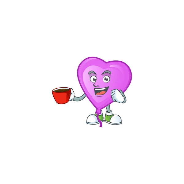 Immagine di personaggio palloncino amore viola con una tazza di caffè — Vettoriale Stock