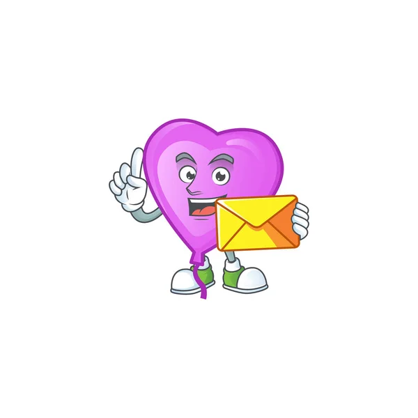 Bande dessinée d'une mascotte à ballon amoureux violet et gai avec enveloppe — Image vectorielle