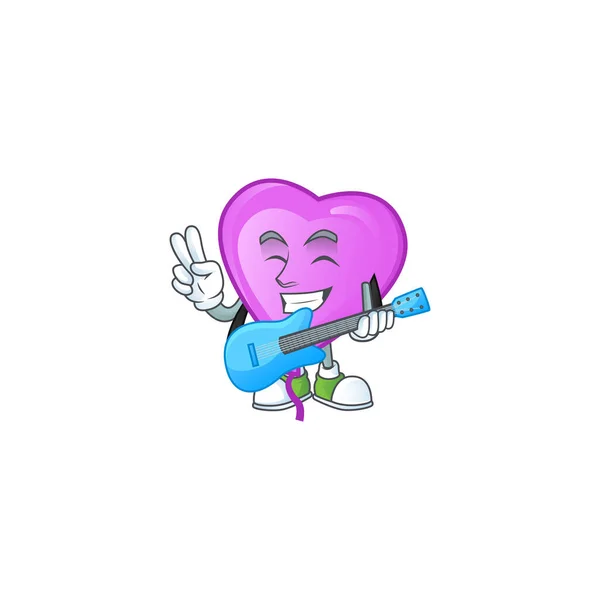 Cute and cool purple love balloon cartoon character performance with guitar — Stock Vector