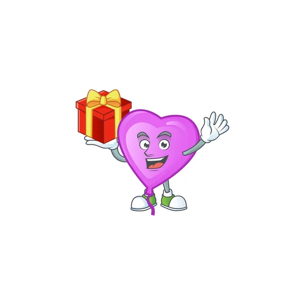 Lila Liebe Ballon Cartoon-Figur mit einer Schachtel mit Geschenk — Stockvektor