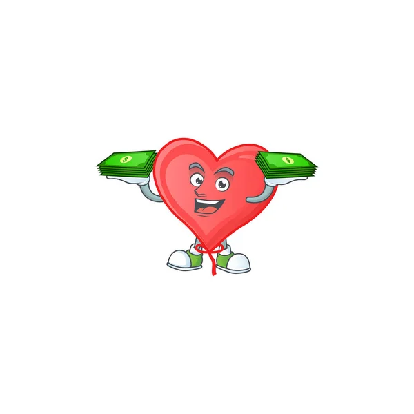 Szczęśliwy twarz czerwony miłość balon charakter z pieniędzy na rękę — Wektor stockowy