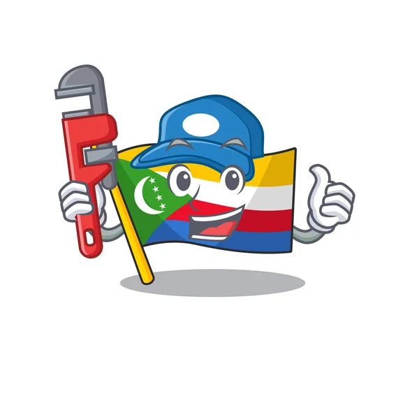 Comore bandiera idraulico sul disegno della mascotte personaggio dei cartoni animati — Vettoriale Stock