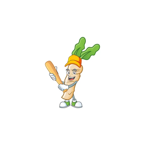 Αστεία χαμογελαστή horseradish μασκότ κινουμένων σχεδίων με μπέιζμπολ — Διανυσματικό Αρχείο