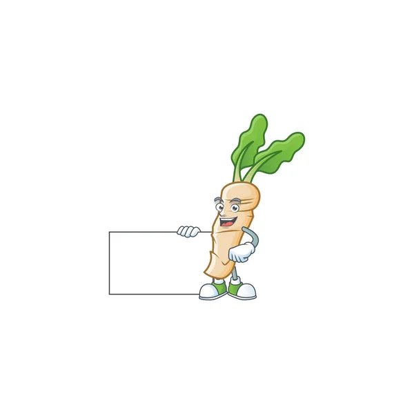 Cute horseradish cartoon character with a board — Stock Vector