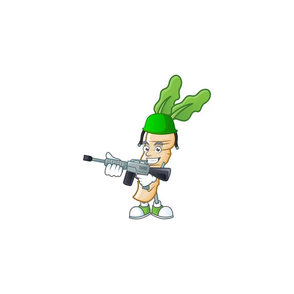 A mascot of horseradish as an Army with machine gun — 스톡 벡터