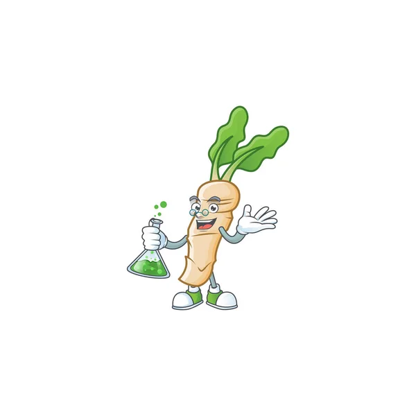 Έξυπνο horseradish χαρακτήρα κινουμένων σχεδίων κρατώντας γυάλινο σωλήνα — Διανυσματικό Αρχείο