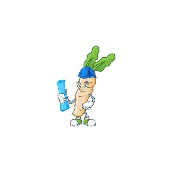 Cheerful Architect horseradish cartoon character having blue prints — Stock Vector