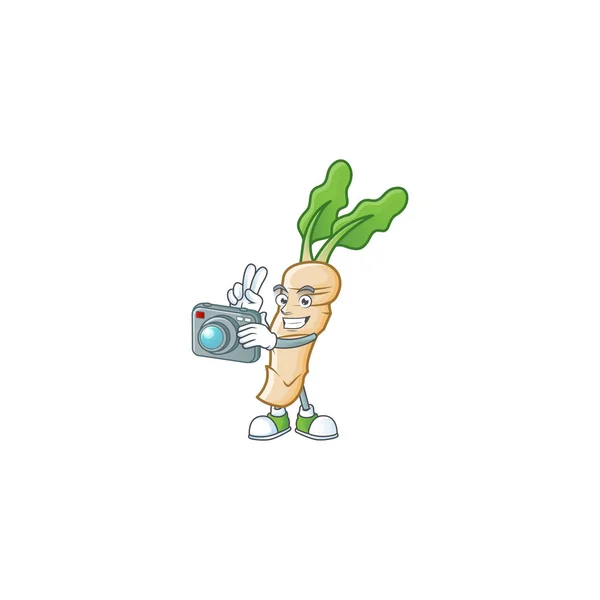 Smart Photographer horseradish cartoon mascot with a camera — Stock Vector