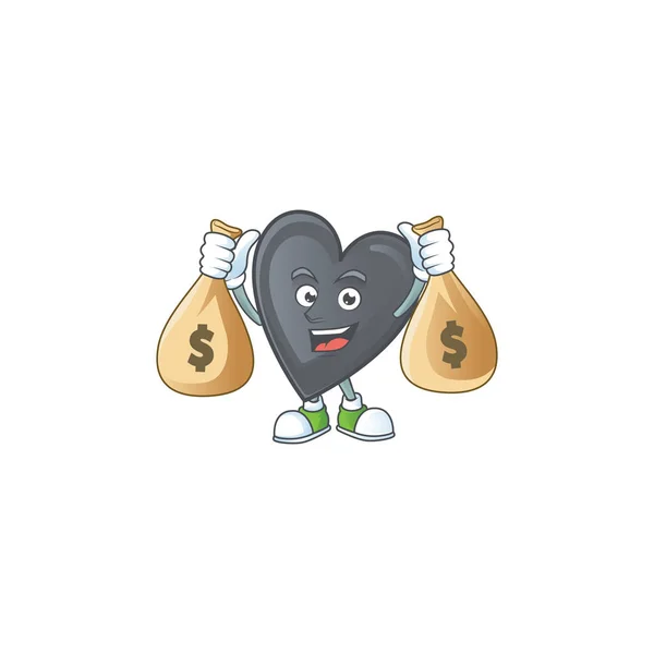 Счастливый персонаж мультфильма про черную любовь с двумя сумками денег — стоковый вектор